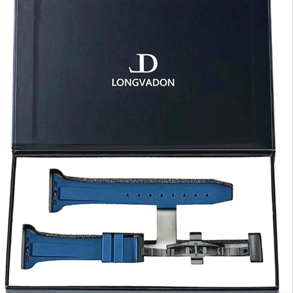 Longvadon Men Smartwatch Watchband Blue embossed leather Apple 1-9 Ultra 1, 2